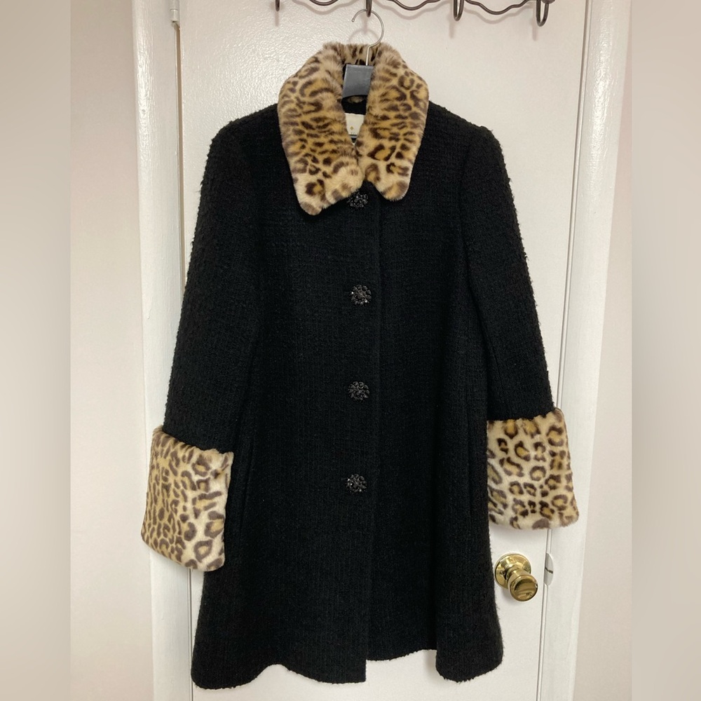 Kate Spade New York Faux Fur Leopard Print
Trim Boucle Button Up Coat Womens 2